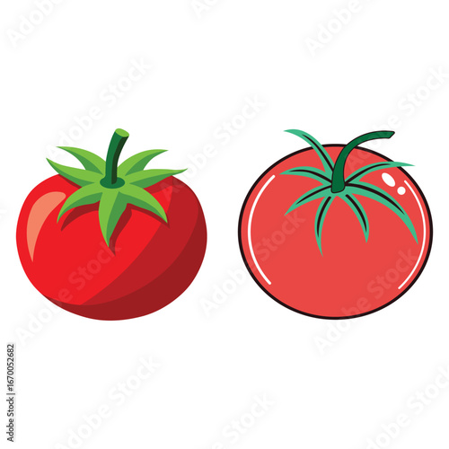 Two vibrant ripe red tomatoes with green stems isolated on a clean for culinary use