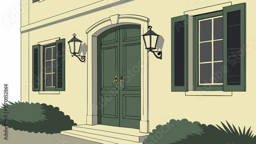 Classic House Entrance with Green Door and Shutters