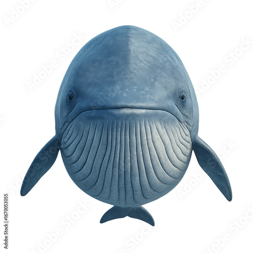 Balenottera azzurra isolata su sfondo trasparente, primo piano vista frontale
