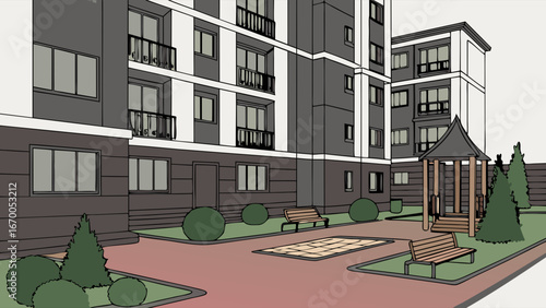 Apartment complex courtyard landscaping benches gazebo urban design residential area architectural illustration building exterior backyard property real estate home design modern architecture apartme.