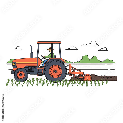 Orange Tractor Plowing Field with Green Grass and Trees Under Cloudy Sky in Daytime Pixel Art