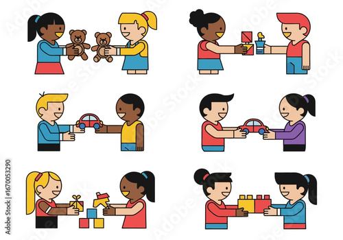 Children of different ethnicities exchanging gifts and toys, promoting diversity and unity. Ideal for celebrations, multicultural themes, and unity concepts.
