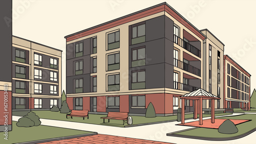 Apartment Complex Exterior Residential Building Illustration Modern Architecture Design Urban Landscape Courtyard View.