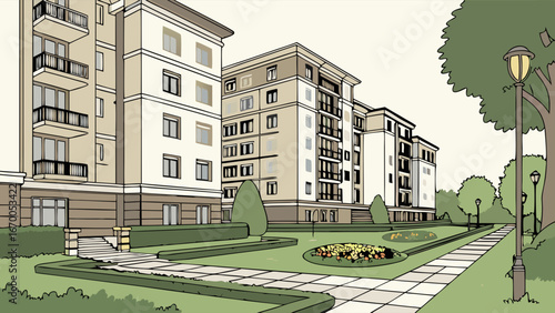 Apartment complex garden illustration landscaping design urban architecture residential building exterior green space pathway trees streetlights building facade exterior design property illustration .