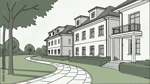 Curving Pathway Leading to Classic Style Houses with Green Landscaping