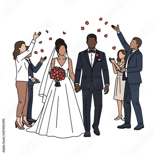 Illustration of an Interracial Wedding Couple in Formal Wear with Rose Petals Thrown in the Air Surrounded by Attendees in a White Background