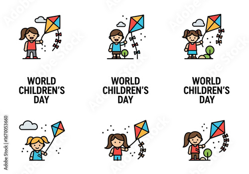 Several children happily posing with kites on world childrens day. Celebrate childhood, joy, outdoor activities with these diverse kids.