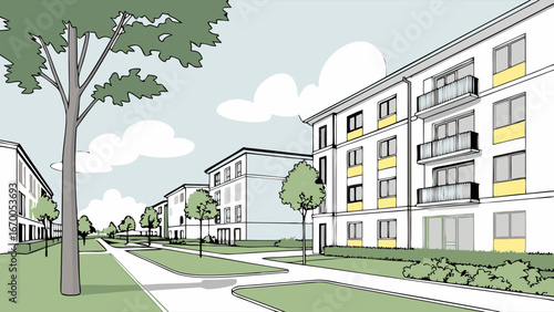 Apartment complex illustration residential buildings urban landscape architectural design modern housing green spaces pathway trees landscaping property development real estate illustration building .