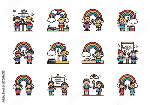 Illustrations depict kids surrounded by rainbows and art materials, perfect for childrens books, educational materials, and artthemed designs.