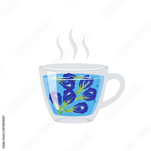 Clear Cup with Blue Butterfly Pea Flower Herbal Tea with Steam Emanating on White Background