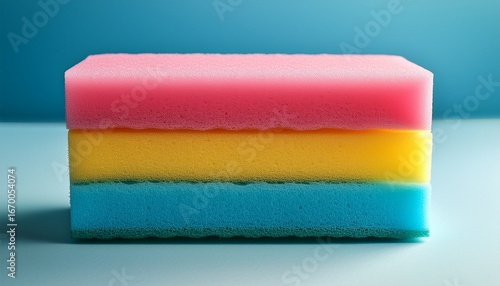 colorful sponge with dual layer design featuring pink blue and yellow sections ideal