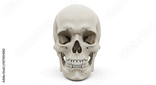 Detailed 3D render of a human skull in a frontal view, isolated on a clean white background. Excellent for anatomical studies, medical education, and symbolic themes