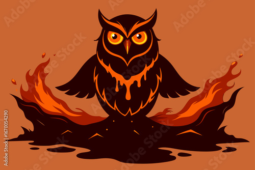 A funny brown cartoon owl with wide eyes and wings is perched on a tree branch at night