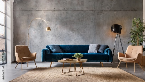 Wallpaper Mural minimalist loft home interior design of modern industrial style living room with a concrete wall deep blue velvet sofa and beige boucle chairs Torontodigital.ca
