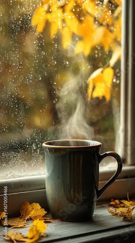 Seamless loop animation of a cozy autumn window scene with a steaming mug, raindrops sliding on the glass, and yellow leaves outside, perfect as a background for seasonal projects and motion design