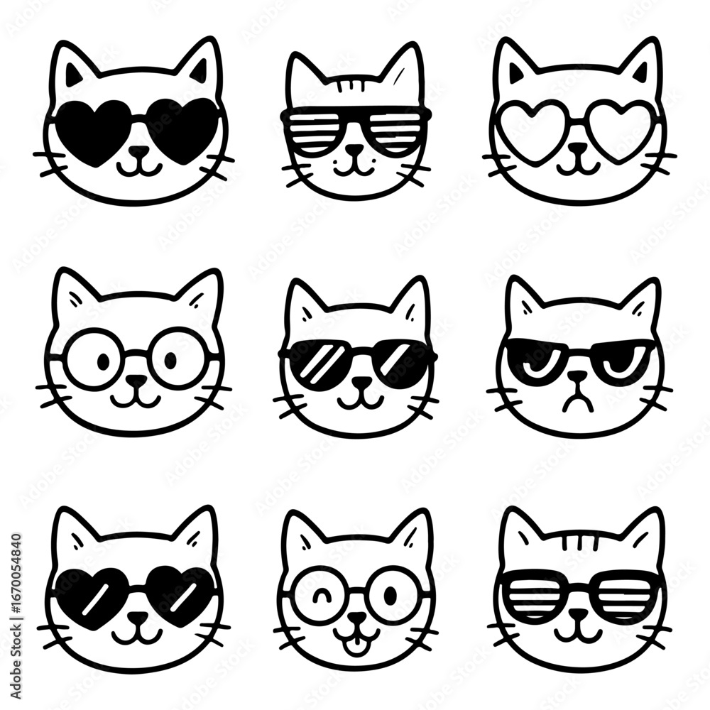 Fototapeta Cute cartoon cat faces wearing different stylish sunglasses and glasses