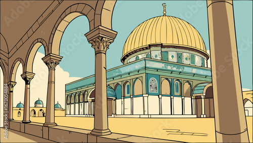 Architectural illustration of a religious building with a golden dome and surrounding colonnade.