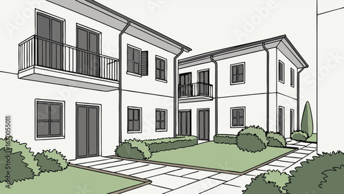 Architectural illustration of residential buildings with garden modern building design home exterior apartment complex illustration.