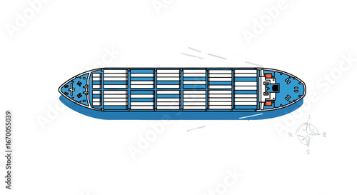 Aerial Top Down View of Cargo Container Ship Sailing on Water with Detailed Container Stacks and Blue Accents