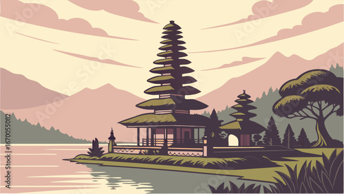 Wallpaper Mural Asian Temple by Lake at Sunset Calm Water Mountain Scenery Peaceful Landscape Illustration. Torontodigital.ca