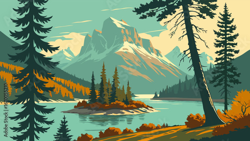 Autumnal Lake and Mountain Landscape Illustration Nature Scene Fall Scenery Peaceful View Scenic Background Travel Poster Card Design Nature Illustration Retro Style Vintage Art Mountain Lake Evergre.