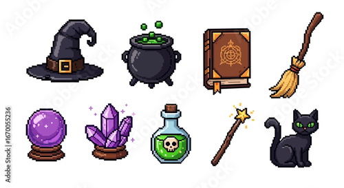 Pixel Art Icons A Witch's Collection of Magical Elements, Potions, and Symbols