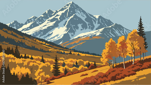 Autumnal Mountain Landscape with Snow-capped Peak and Golden Foliage.