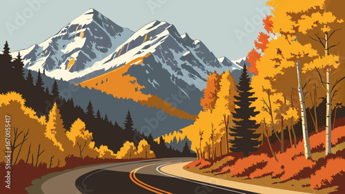 Autumnal Road Trip Through Mountain Pass with Snow-Capped Peaks.