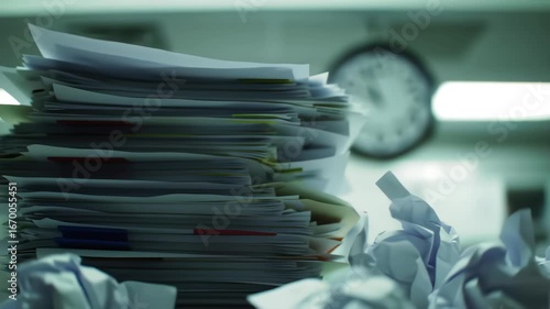 Large Stack of Paperwork and Crumpled Paper on an Office Desk