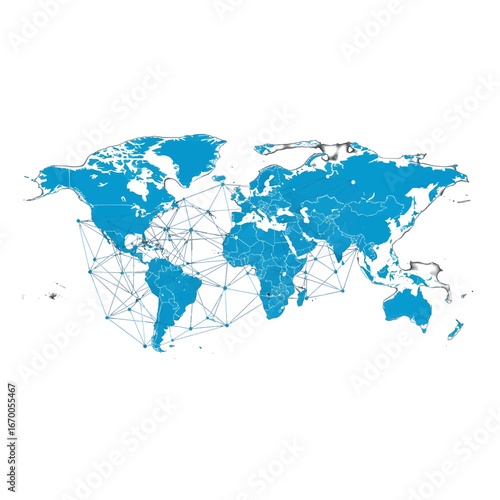 Detailed Blue World Map with Connection Lines Illustrating Global Network Connectivity and Maritime Distribution