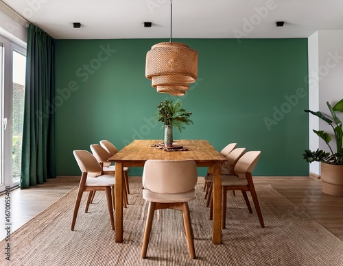 Wallpaper Mural wooden dining table and chairs against green wall scandinavian mid century home interior design of modern dining room Torontodigital.ca