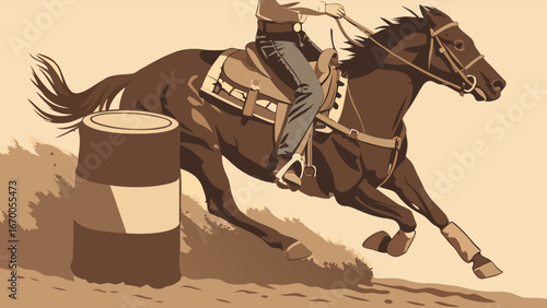 Barrel Racing Horse and Rider Equestrian Sport Western Competition Illustration.