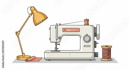 Vintage sewing machine with a spool of thread and desk lamp  