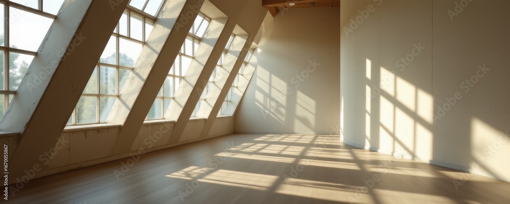 Obraz premium soft sunlight streaming through angular windows, casting layered shadows on floors and walls, creating a serene and contemplative interior.
