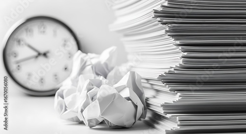 A stack of papers and a crumpled piece of paper rest on a white surface, with a clock in the background, representing a lack of time and ideas.