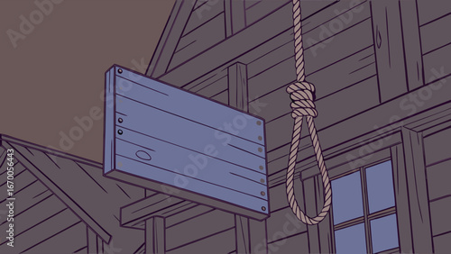 Blank Wooden Sign on Old Building with Noose Illustration Western Medieval Game Design Storyboard Mockup.