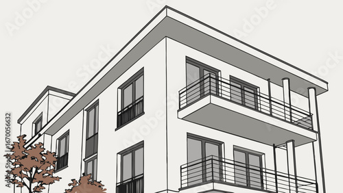 Low-angle view of a modern apartment building with balconies and trees.