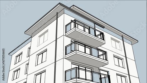 Low-angle view of a modern apartment building with balconies