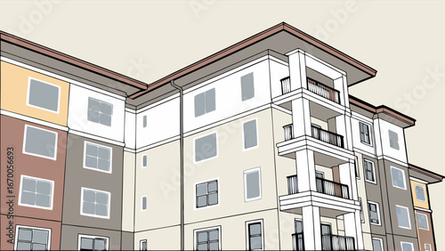 Low-angle view of a multi-story apartment building with balconies and various colored walls.