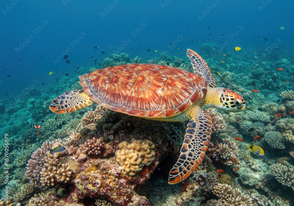 Fototapeta premium Majestic sea turtle glides above vibrant coral reef