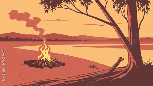 Campfire by the lake at sunset nature illustration vector art.