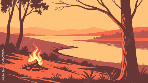 Campfire by the River at Sunset Tranquil Nature Scene Illustration.
