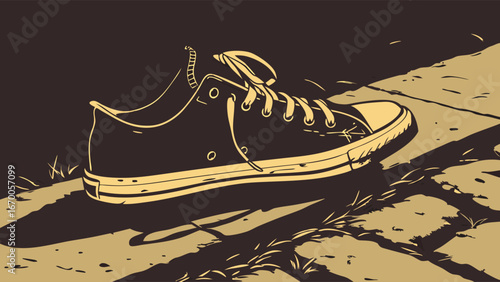 Canvas Shoe on Pavement Stylish Footwear Illustration Casual Sneaker Design Graphic Art Vintage Style Streetwear Fashion Dark Background Minimalist Artwork.