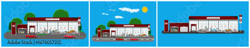 Set of modern car showroom buildings with red vehicles on display and a red car driving. Vector illustration collection for dealership and automotive.