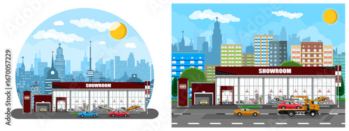 Car showroom building with modern city skyline. New vehicle retail store. Flat style vector illustration for dealership business concept.