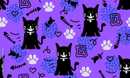 Seamless cute kitten background. Cute black cat fabric pattern, cartoon pet face vector background.