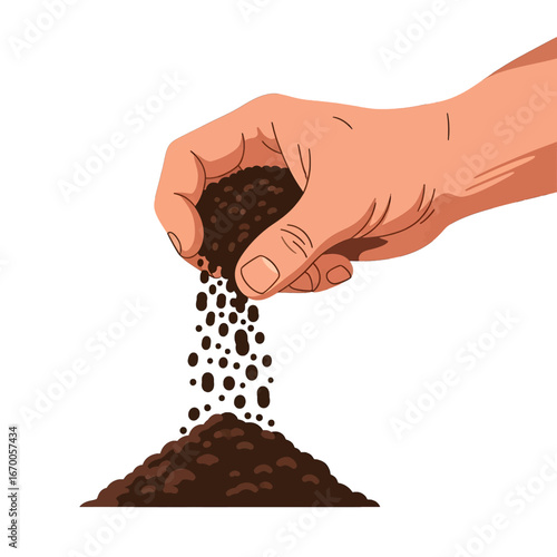 Human Hand Gently Pouring Pile of Dark Brown Soil for Gardening and Agriculture Over White Backdrop with Pixel Art Style