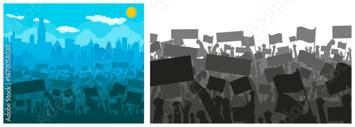 Crowd of people silhouettes holding banners and flags with a city skyline backdrop. Protest, demonstration, or social movement concept. For political awareness advertising.