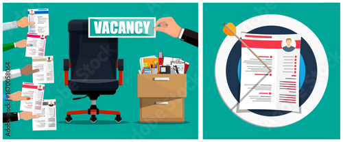 Hands holding resumes and vacant chair with vacancy sign. Job interview concept. Human resource management for business recruitment.