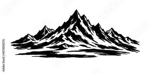 Black and white sketch of jagged mountain peaks mountains
